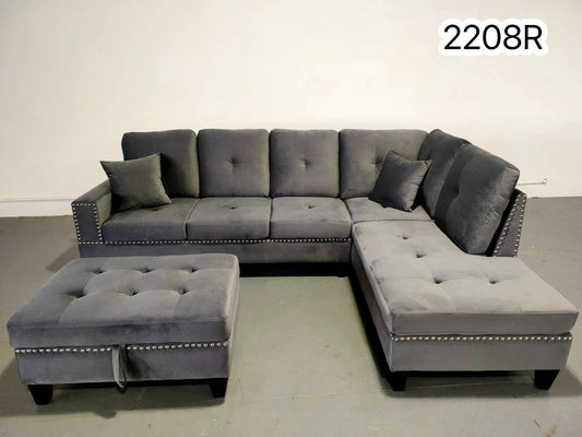 (2208 GREY RHF)- VELVET FABRIC SECTIONAL SOFA- WITH STORAGE OTTOMAN