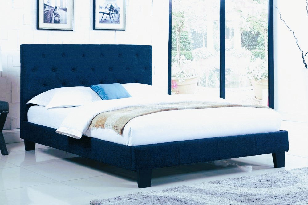 TWIN (SINGLE) SIZE- (2366 BLUE)- FABRIC- BUTTON TUFTED- BED FRAME- WITH SLATS