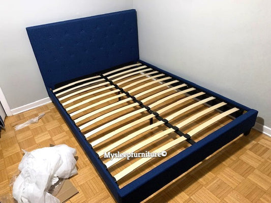 QUEEN SIZE- (2366 BLUE)- FABRIC- BUTTON TUFTED- BED FRAME- WITH SLATS- inventory clearance