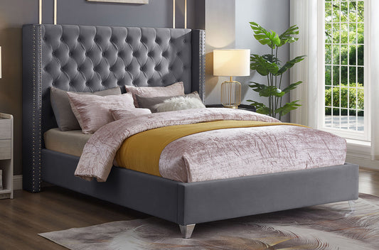 KING SIZE- (2380 GREY)- BUTTON TUFTED- VELVET FABRIC BED FRAME- WITH SLATS