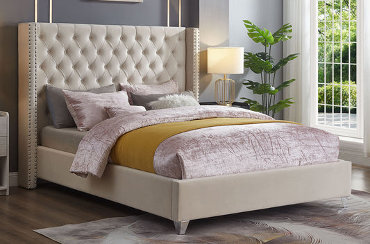 KING SIZE- (2380 OFF WHITE)- BUTTON TUFTED- VELVET FABRIC BED FRAME- WITH SLATS