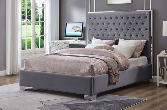 QUEEN SIZE- (2385 GREY)- VELVET FABRIC BED FRAME- WITH SLATS