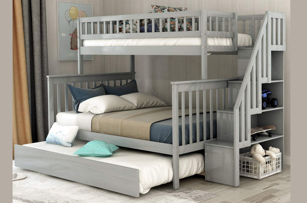 TWIN/ DOUBLE- (2594 GREY)- WOOD BUNK BED- WITH STAIRCASE- WITH TRUNDLE