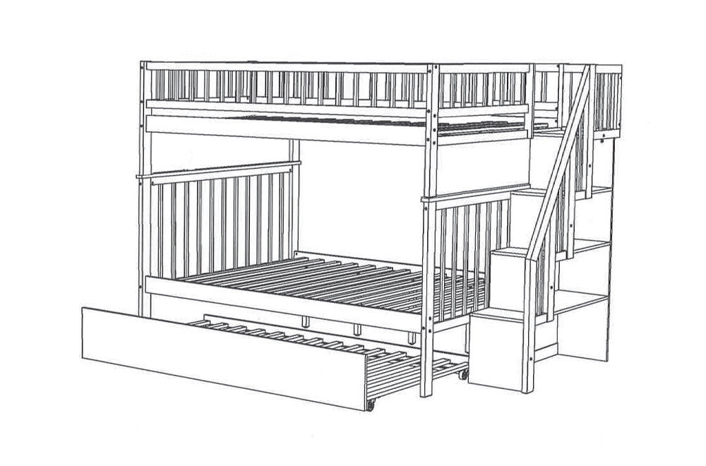 DOUBLE/ DOUBLE- (2595 GREY)- STAIRCASE WOOD BUNK BED- WITH TRUNDLE