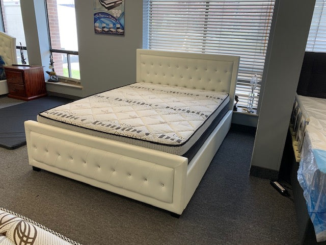 DOUBLE (FULL) SIZE- (280 OFF WHITE)- CRYSTAL TUFTED- LEATHER BED FRAME- WITH LIFT UP STORAGE