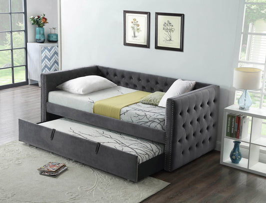 TWIN (SINGLE) SIZE- (305 GREY)- FABRIC DAY BED- WITH TRUNDLE