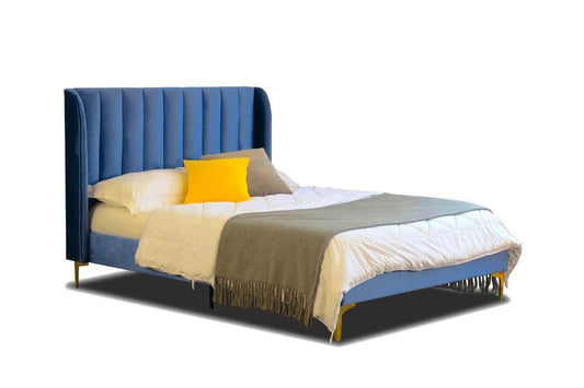 QUEEN SIZE- (HERMAN BLUE)- VELVET FABRIC BED FRAME- WITH SLATS