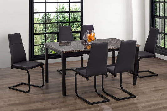 (3201 210 BLACK- 7)- 60" LONG- MARBLE LOOK DINING TABLE- WITH 6 LEATHER CHAIRS
