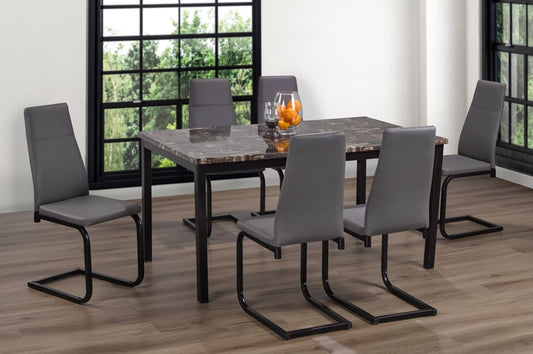 (3201 210 GREY- 7)- 60" LONG- MARBLE LOOK DINING TABLE- WITH 6 LEATHER CHAIRS
