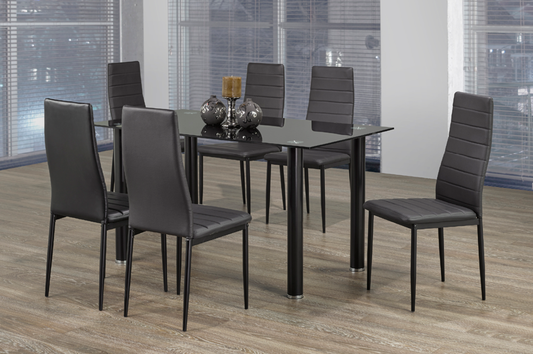 (3407 BLACK- 7)- GLASS DINING TABLE- WITH 6 CHAIRS- SALE PRICE UNTIL MARCH 31, 2024 OR UNTIL STOCK LASTS