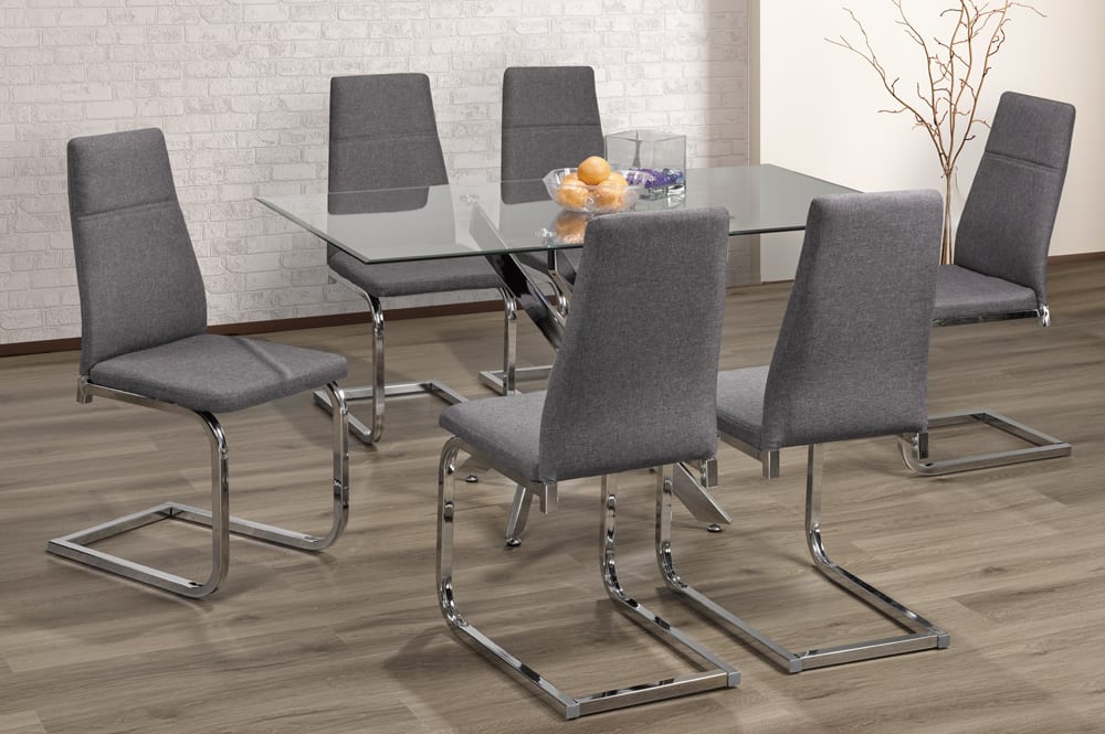 (1448- 210 GREY- 7)- 63" LONG - GLASS DINING TABLE - WITH 6 CHAIRS