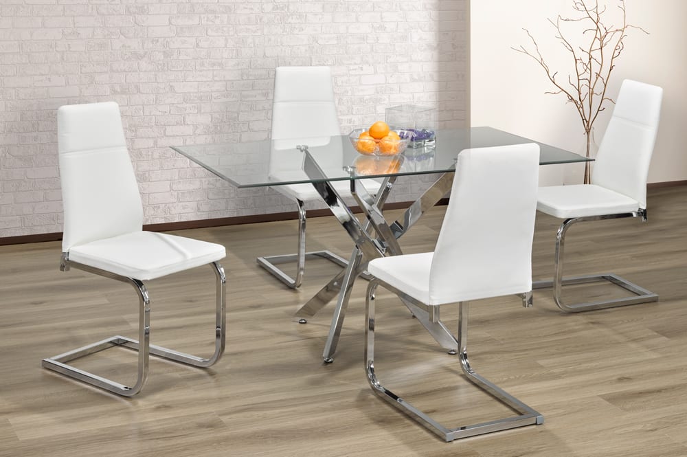 (1448- 210 WHITE- 5)- 63" LONG - GLASS DINING TABLE - WITH 4 CHAIRS