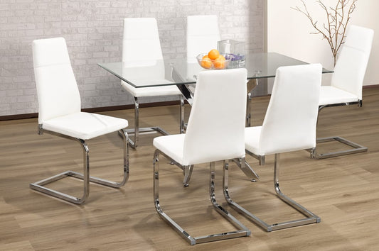 (1448- 210 WHITE- 7)- 63" LONG - GLASS DINING TABLE - WITH 6 CHAIRS
