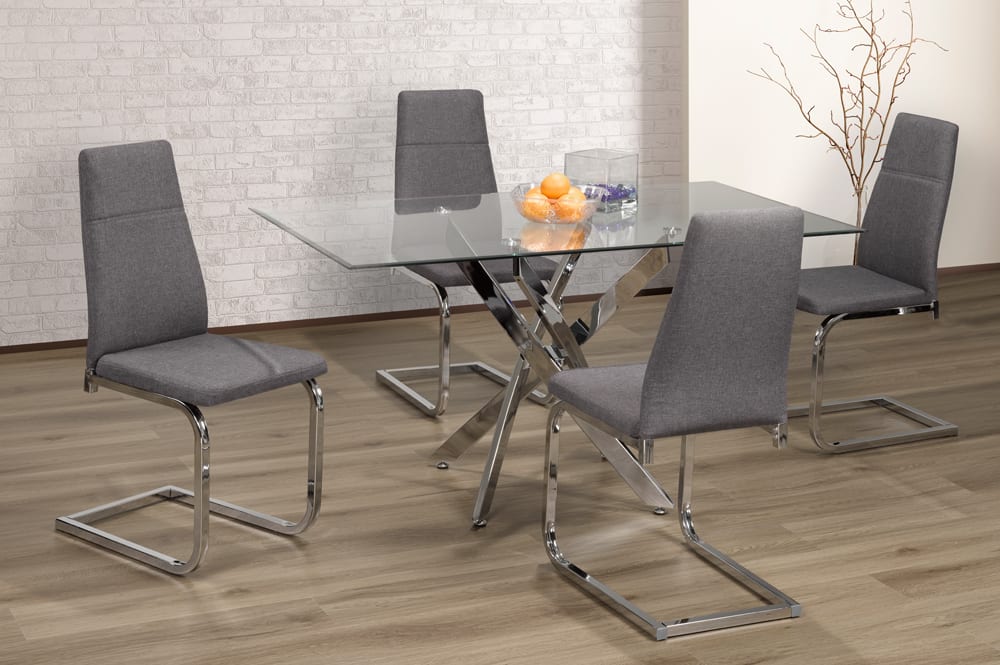 (1448- 210 GREY- 5)- 63" LONG - GLASS DINING TABLE - WITH 4 CHAIRS
