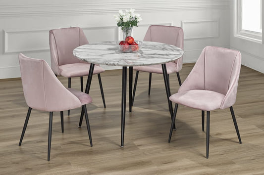 (3485- 212 PINK- 5)- 40" ROUND WOOD DINING TABLE- WITH 4 CHAIRS- OUT OF STOCK UNTIL MAY 4, 2024