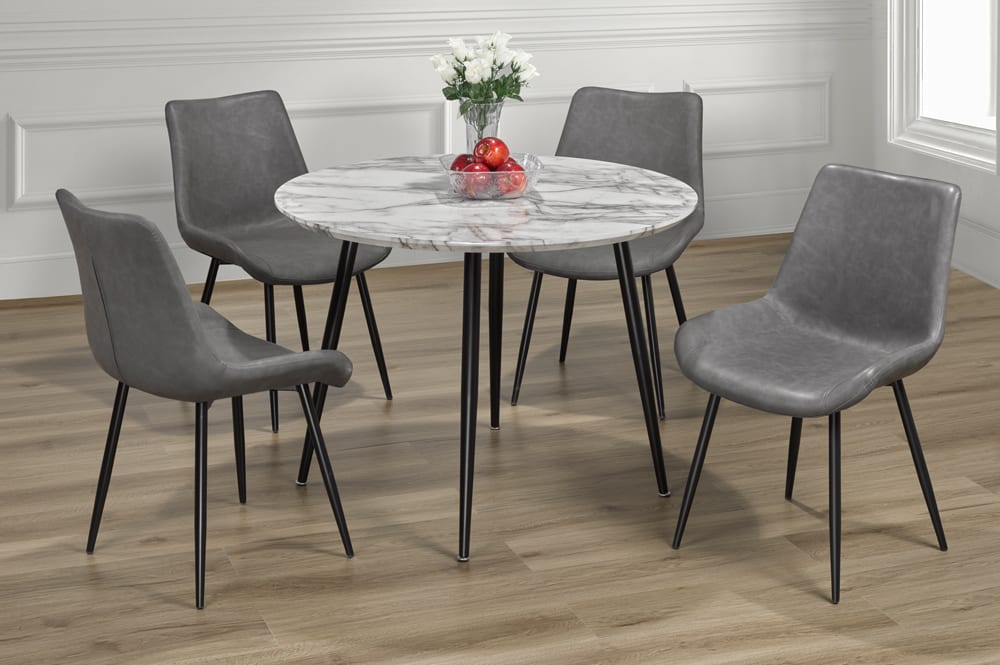 (3485- 280 GREY- 5)- 40" ROUND WOOD DINING TABLE- WITH 4 CHAIRS- out of stock until OCTOBER 24, 2023