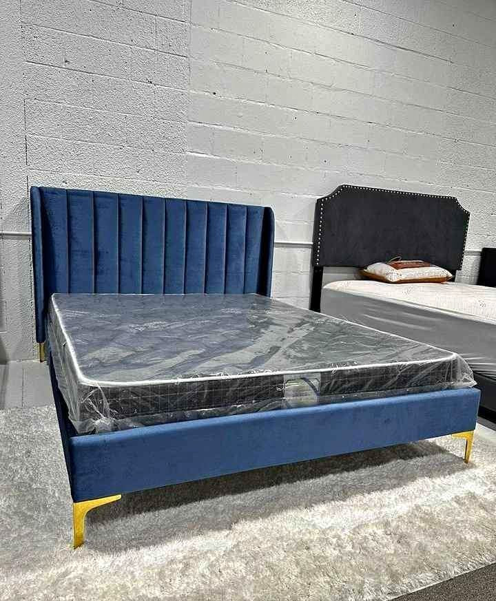 QUEEN SIZE- (HERMAN BLUE)- VELVET FABRIC BED FRAME- WITH SLATS
