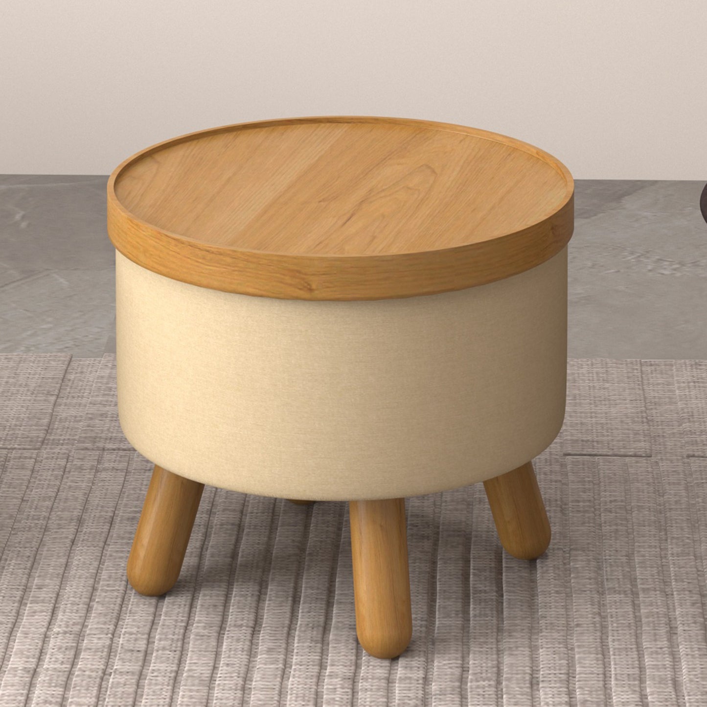 (BETSY BEIGE AND NATURAL)- ROUND- FABRIC STORAGE OTTOMAN