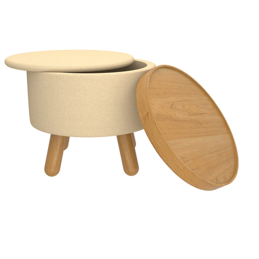 (BETSY BEIGE AND NATURAL)- ROUND- FABRIC STORAGE OTTOMAN