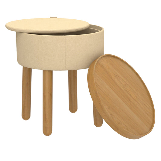 (POLLY BEIGE AND NATURAL)- ROUND- FABRIC STORAGE OTTOMAN