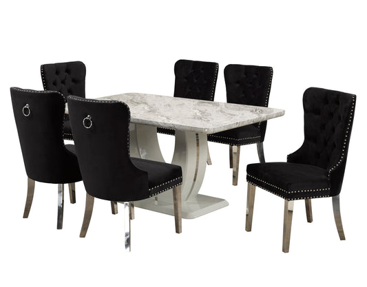 (4063 PISA BLACK- 7)- 64" LONG- MARBLE LOOK DINING TABLE- WITH 6 CHAIRS