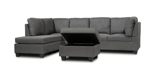 (6036 JULIA GREY)- REVERSIBLE- LINEN FABRIC SECTIONAL SOFA- WITH STORAGE OTTOMAN- TEXT OR WHATSAPP 416 319 8851 FOR STOCK AVAILABILITY BEFORE PAYING