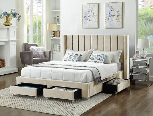 QUEEN SIZE- (5312 CREAM)- VELVET FABRIC BED FRAME- WITH DRAWERS