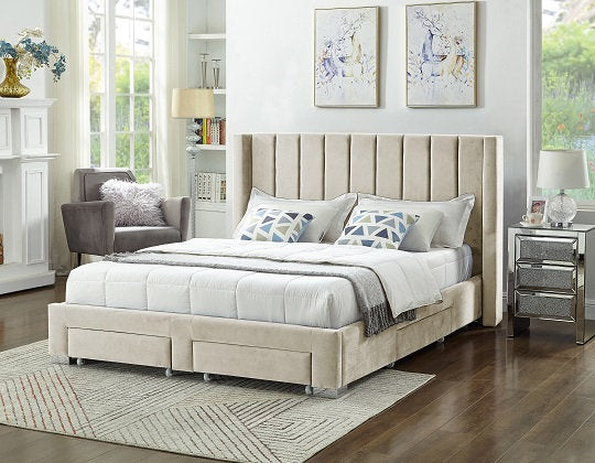 QUEEN SIZE- (5312 CREAM)- VELVET FABRIC BED FRAME- WITH DRAWERS