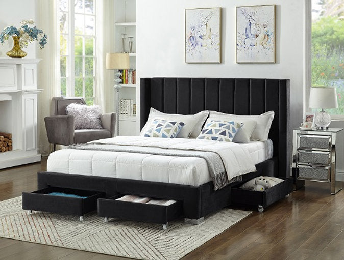 QUEEN SIZE- (5313 BLACK)- VELVET FABRIC BED FRAME- WITH DRAWERS