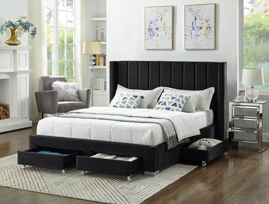 KING SIZE- (5313 BLACK)- VELVET FABRIC BED FRAME- WITH DRAWERS