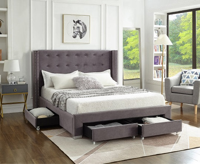 QUEEN SIZE- (5320 GREY)- VELVET FABRIC BED FRAME- WITH DRAWERS