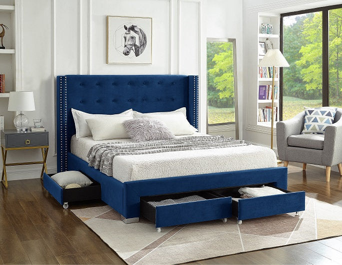 KING SIZE- (5321 BLUE)- VELVET FABRIC BED FRAME- WITH DRAWERS