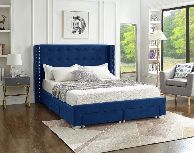 KING SIZE- (5321 BLUE)- VELVET FABRIC BED FRAME- WITH DRAWERS