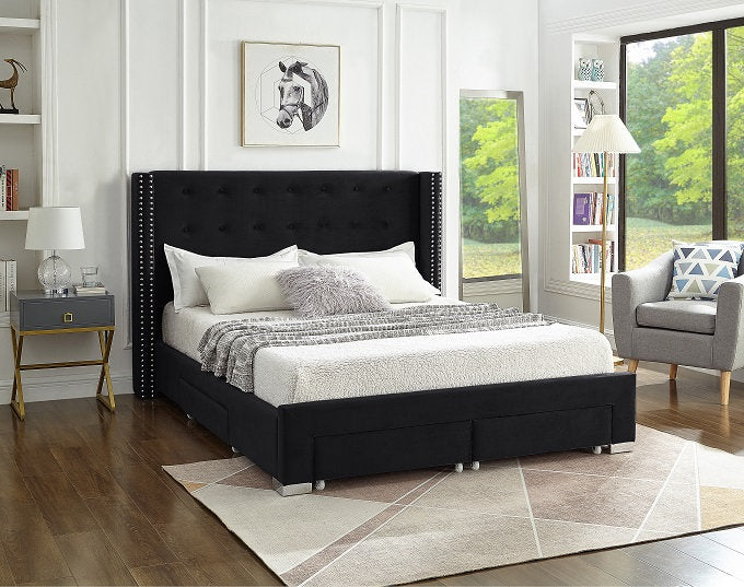QUEEN SIZE- (5323 BLACK)- VELVET FABRIC BED FRAME- WITH DRAWERS
