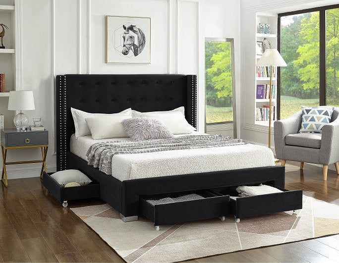 QUEEN SIZE- (5323 BLACK)- VELVET FABRIC BED FRAME- WITH DRAWERS