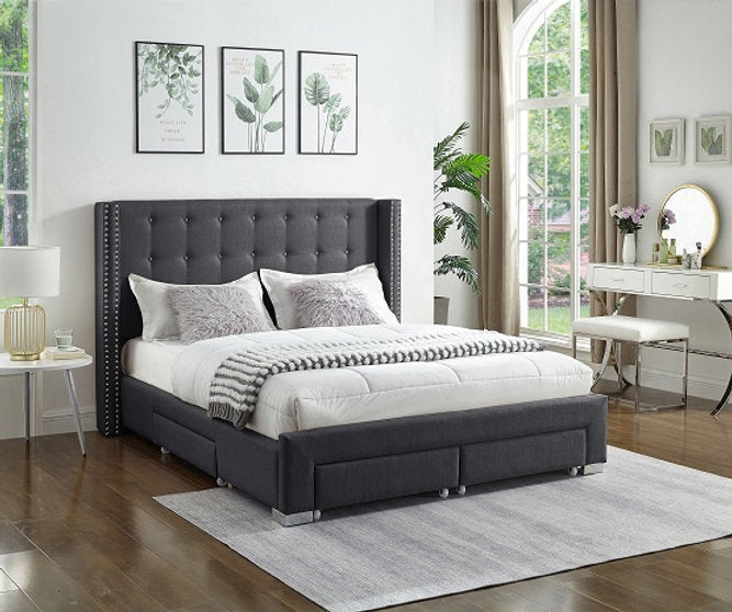 KING SIZE- (5327 GREY)- FABRIC BED FRAME- WITH DRAWERS