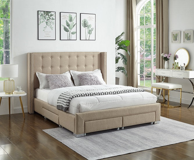 KING SIZE- (5328 BEIGE)- FABRIC BED FRAME- WITH DRAWERS