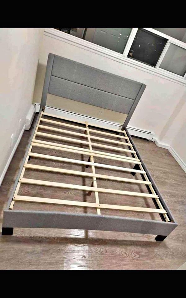 QUEEN SIZE- (5354 LIGHT GREY)- FABRIC BED FRAME- WITH SLATS- (BOX SPRING RECOMMENDED)