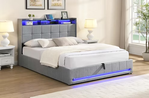 DOUBLE (FULL) SIZE- (5403 GREY)- FABRIC BED FRAME- WITH LIFT UP STORAGE