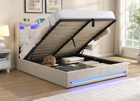 DOUBLE (FULL) SIZE- (5404 BEIGE)- FABRIC BED FRAME- WITH LIFT UP STORAGE