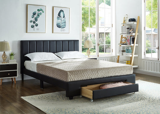 DOUBLE (FULL) SIZE- (5480 BLACK)- LEATHER BED FRAME- WITH FOOTBOARD DRAWER
