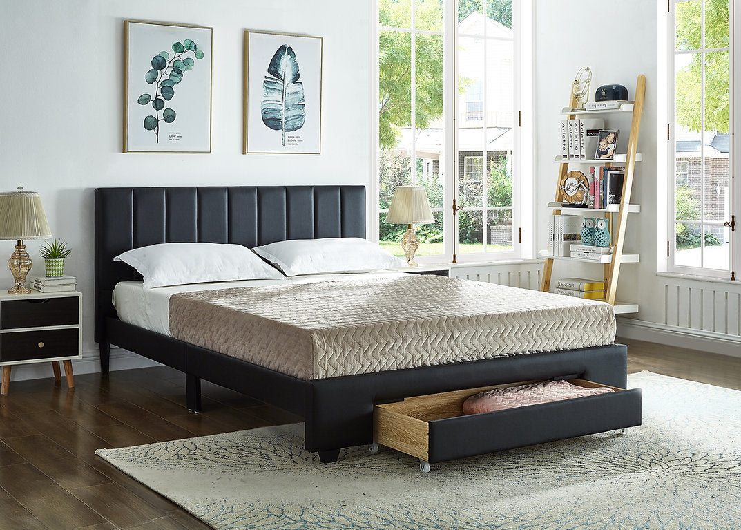 QUEEN SIZE- (5480 BLACK)- LEATHER BED FRAME- WITH FOOTBOARD DRAWER