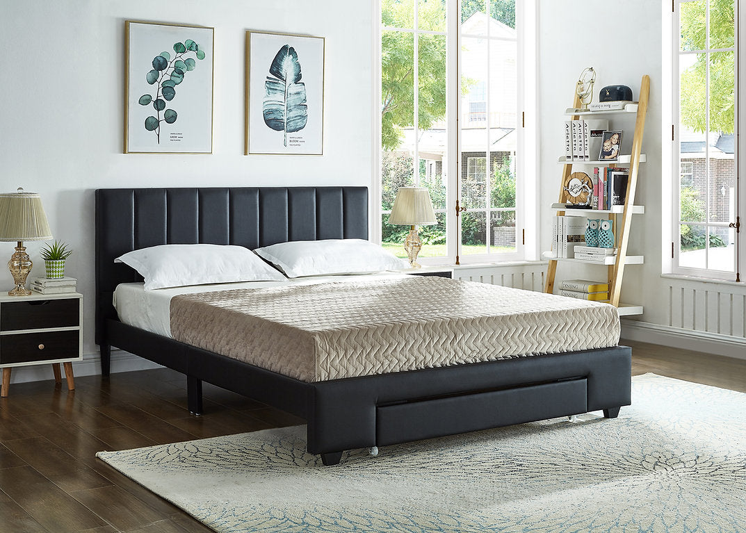 QUEEN SIZE- (5480 BLACK)- LEATHER BED FRAME- WITH FOOTBOARD DRAWER