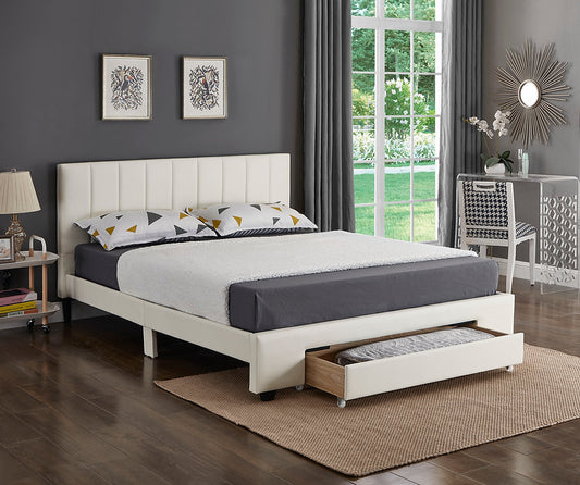 DOUBLE (FULL) SIZE- (5482 WHITE)- LEATHER BED FRAME- WITH FOOTBOARD DRAWER