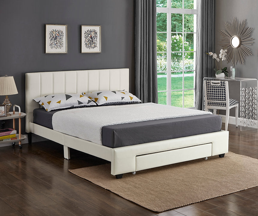 DOUBLE (FULL) SIZE- (5482 WHITE)- LEATHER BED FRAME- WITH FOOTBOARD DRAWER