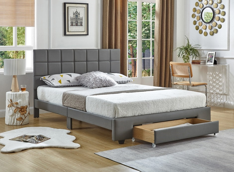 DOUBLE (FULL) SIZE- (5491 GREY LEATHER)- BED FRAME- WITH DRAWER- WITH SLATS