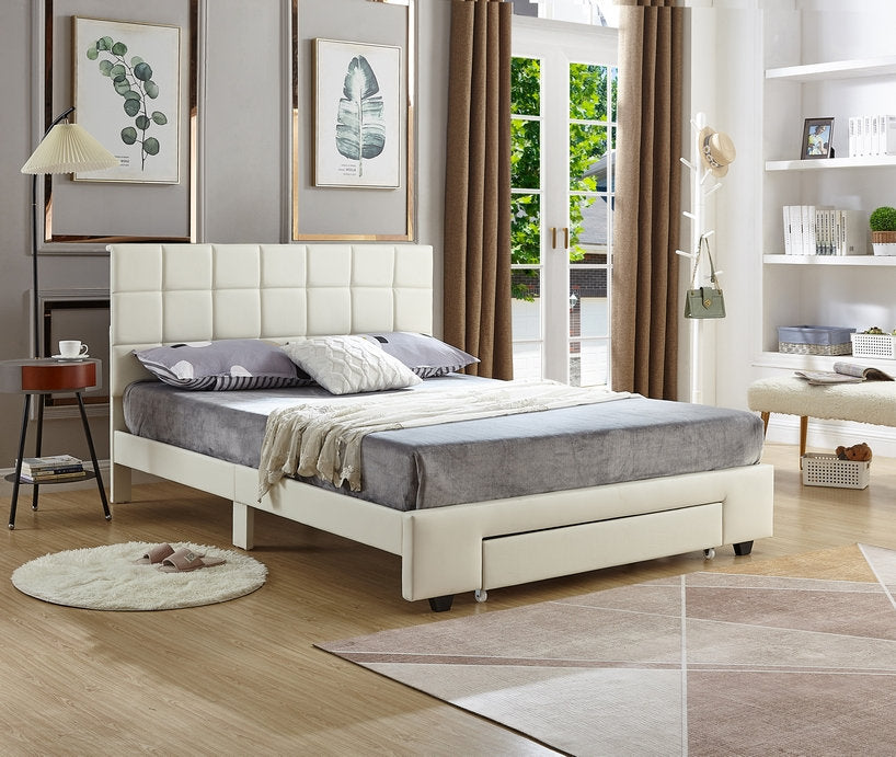 DOUBLE (FULL) SIZE- (5492 WHITE)- LEATHER BED FRAME- WITH DRAWER- WITH SLATS