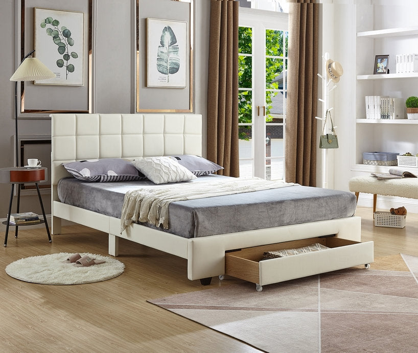 QUEEN SIZE- (5492 WHITE)- LEATHER BED FRAME- WITH DRAWER- WITH SLATS