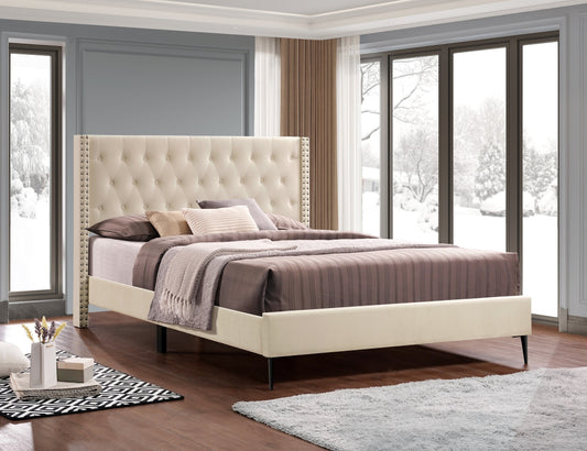 KING SIZE- (5592 CREAM)- VELVET FABRIC BED FRAME IN A BOX- WITH SLATS