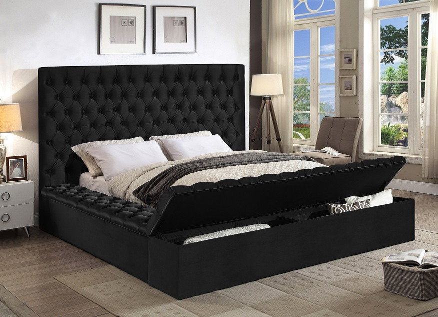 KING SIZE- (5793 BLACK)- VELVET FABRIC- BED FRAME- WITH 3 STORAGE BENCHES